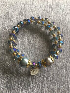 Memory Wire Bracelet • Blue Crystals & Gold Beads • Initial Charm Included